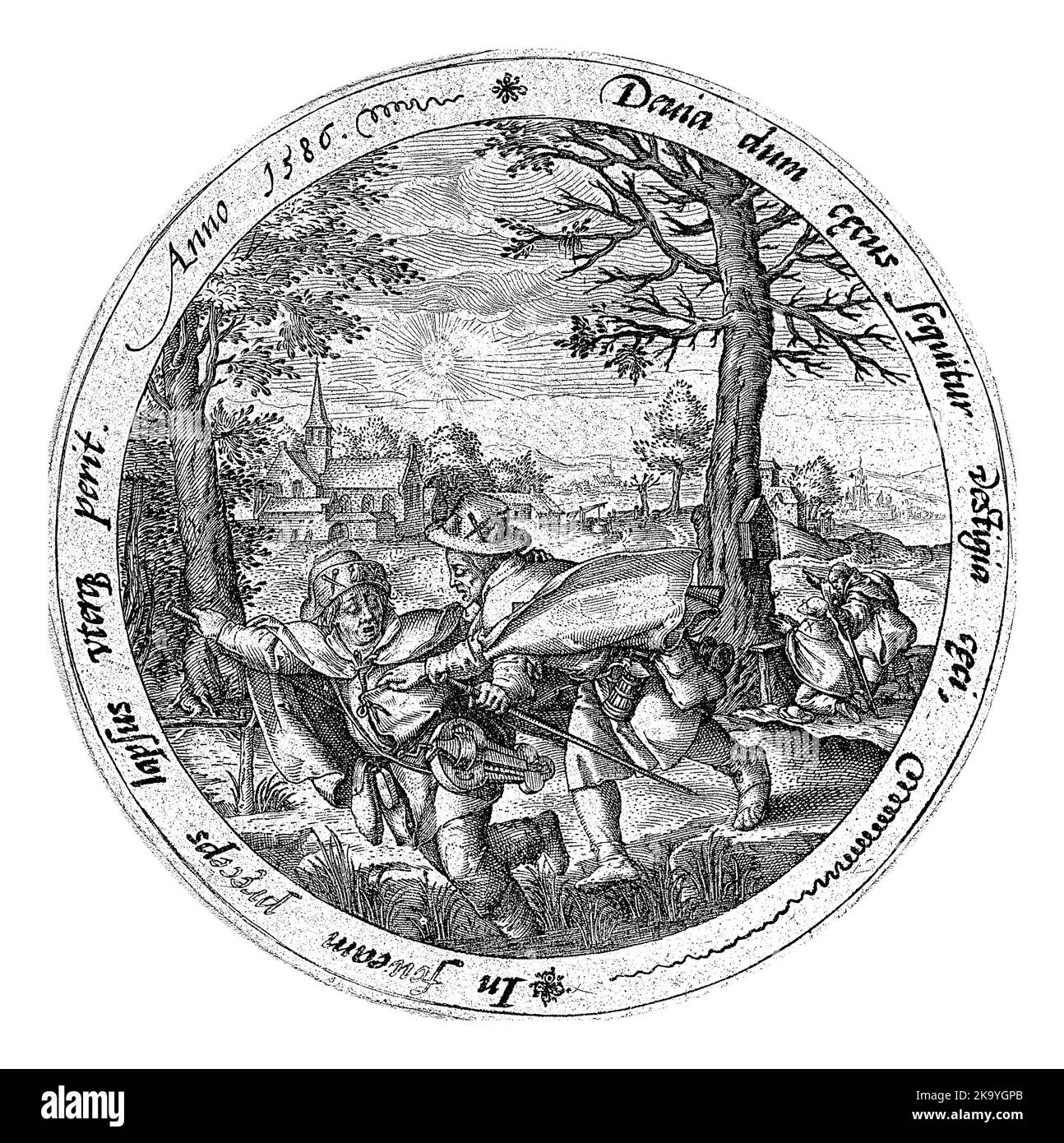 Représentation circulaire d'un mendiant aveugle entrant dans un fossé, menant un compagnon également aveugle par la main. En arrière-plan une église. Un bord lett Banque D'Images