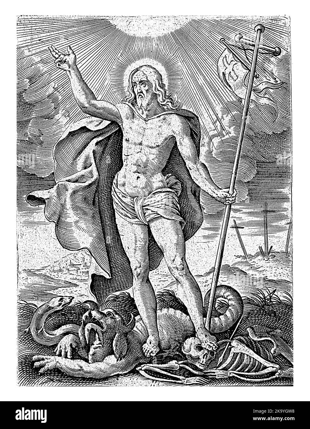 Christ comme Conquérant du mal et de la mort, Antonie Wierix (II) (attribué à), 1565 - avant 1604, le Christ ressuscité triomphe sur le mal et la mort. Il s'en va Banque D'Images