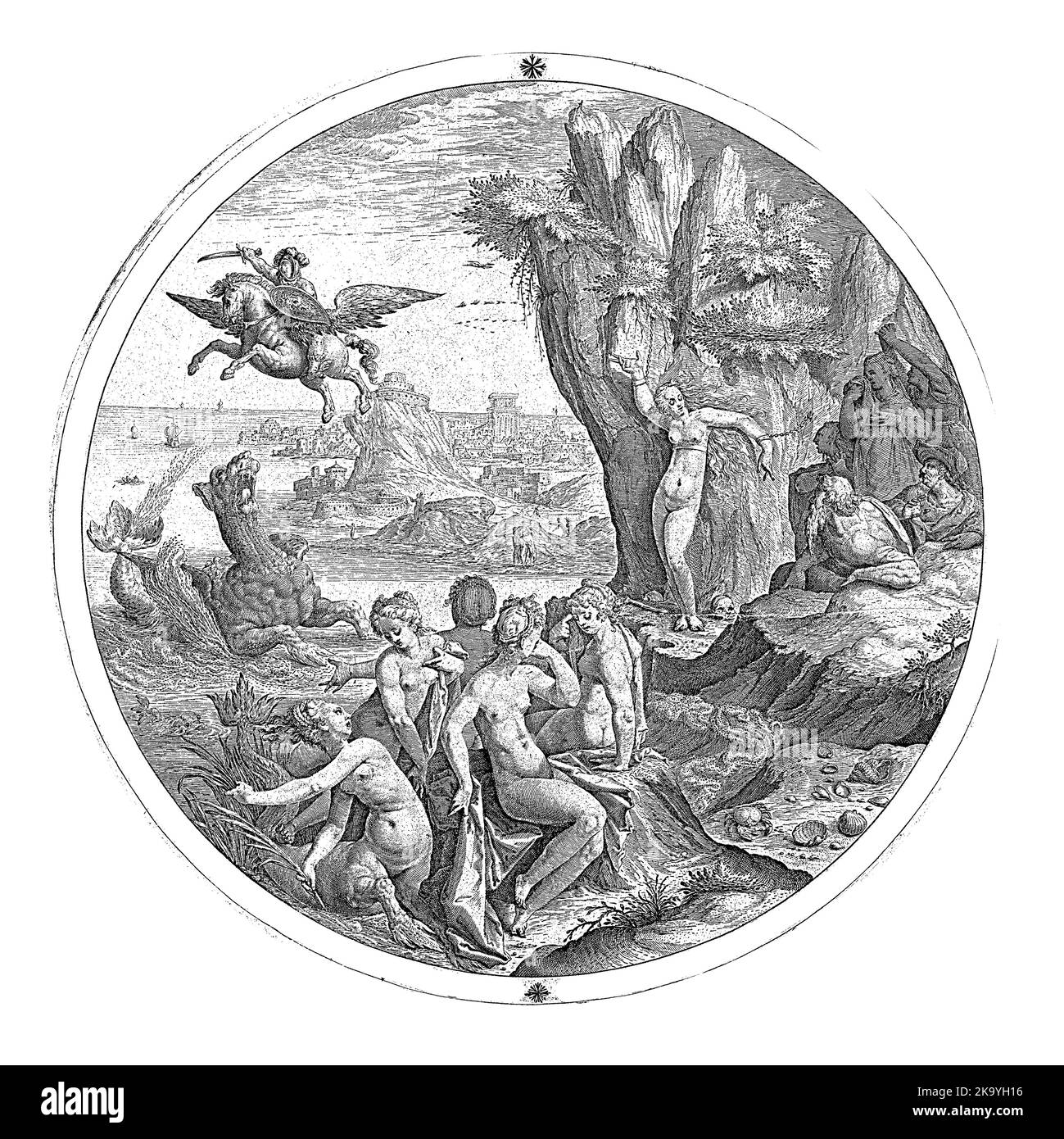 Représentation ronde de Perseus se précipitant sur un cheval ailé pour tuer le monstre marin qui menace Andromeda, enchaîné à un rocher. Un certain nombre de cl Banque D'Images