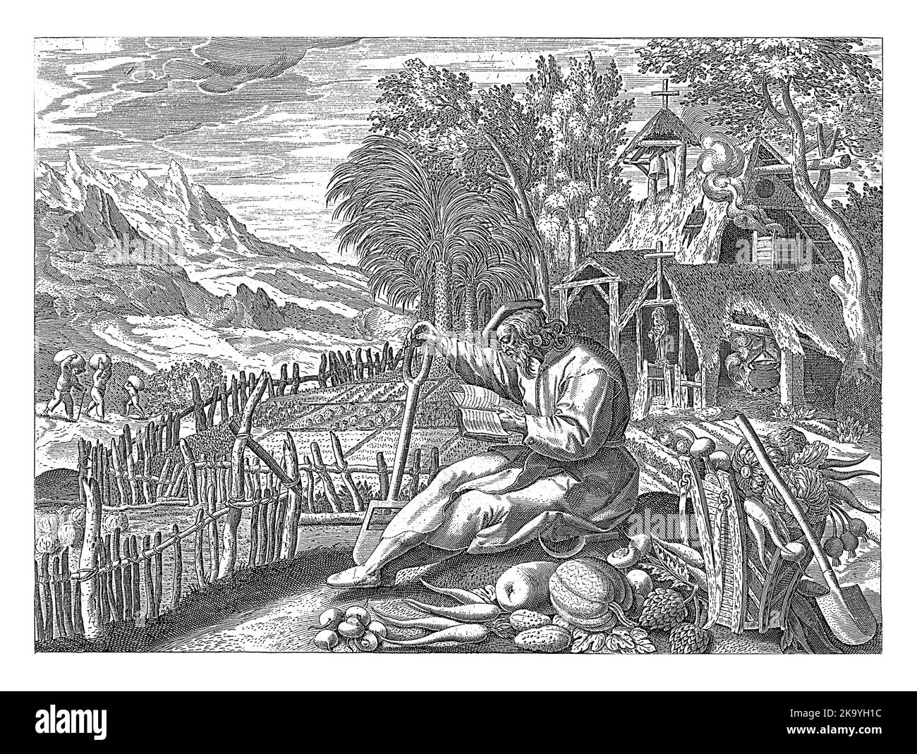Les Saint-Copres d'Égypte comme ermite dans un jardin. Il lit une bible tout en se reposant du travail dans le jardin. À côté de lui sur le plancher sont toutes sortes Banque D'Images Les Saint-Copres d'Égypte comme ermite dans un jardin. Il lit une bible tout en se reposant du travail dans le jardin. À côté de lui sur le plancher sont toutes sortes Banque D'Images