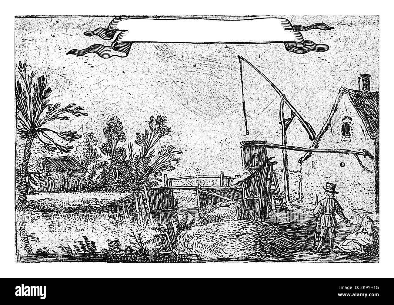 Titre imprimé pour une série de sept petits paysages. Le levier situé à côté de la ferme a été précédemment interprété comme l'emplacement d'un puits. Banque D'Images