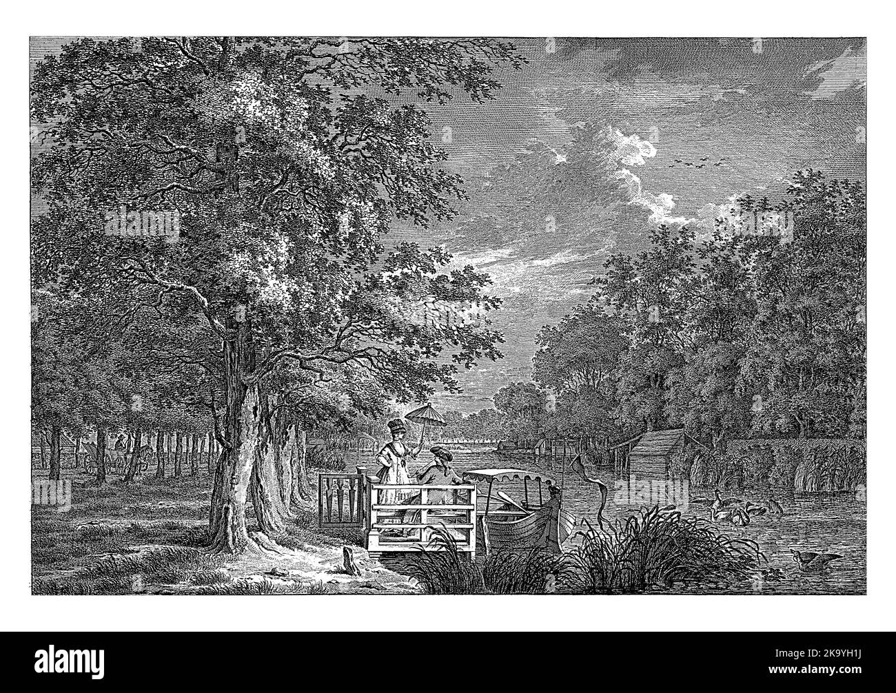 La rive du Gein près d'Amsterdam. Au premier plan un couple à une jetée. La femme porte un parapluie. L'homme fume un tuyau. Banque D'Images