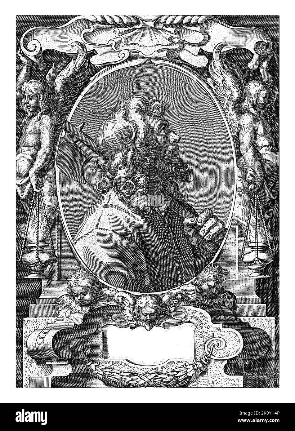L'évangéliste Matthew avec halberd dans le cadre avec des ornements architecturaux, Jan-Baptist Barbé, d'après Theodporte van Loon, 1588 - 1648 Banque D'Images