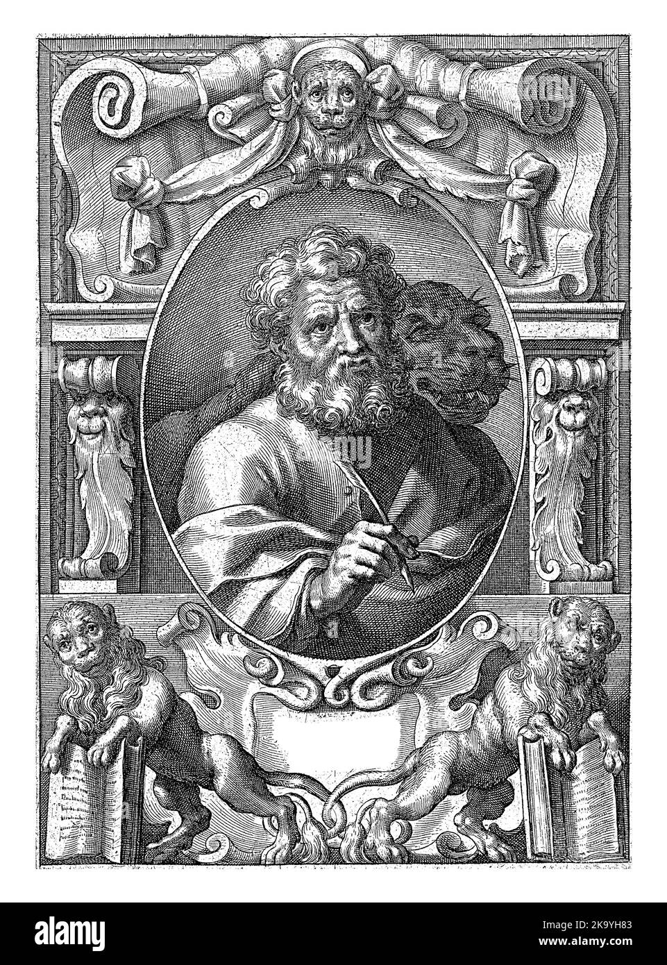 Evangéliste Mark avec un lion dans le cadre avec des ornements architecturaux, Jan-Baptist Barbé, d'après Theodporte van Loon, 1588 - 1648 Banque D'Images