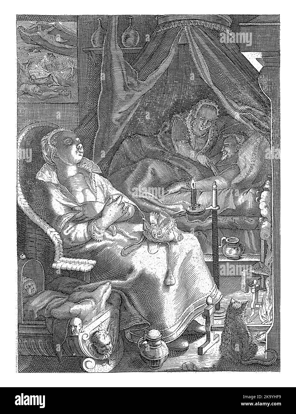Personnes dormant dans une chambre. Au premier plan, une femme dort dans un fauteuil en osier. À côté d'elle un bébé endormi dans un berceau. Banque D'Images