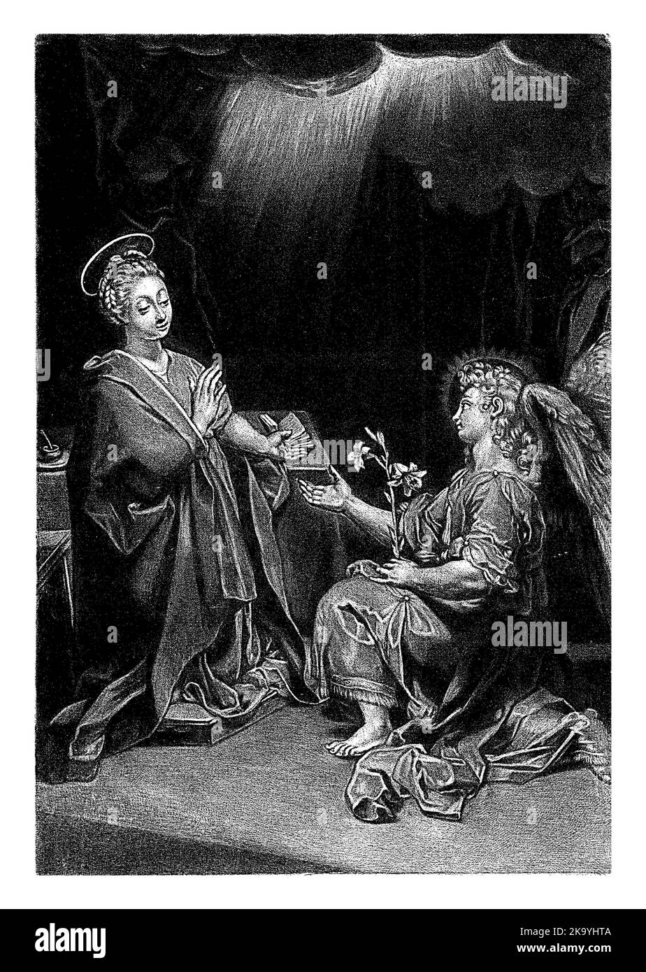 L'annonce de la naissance du Christ à Marie : l'ange Gabriel apparaît à Marie et lui donne un nénuphar. Banque D'Images