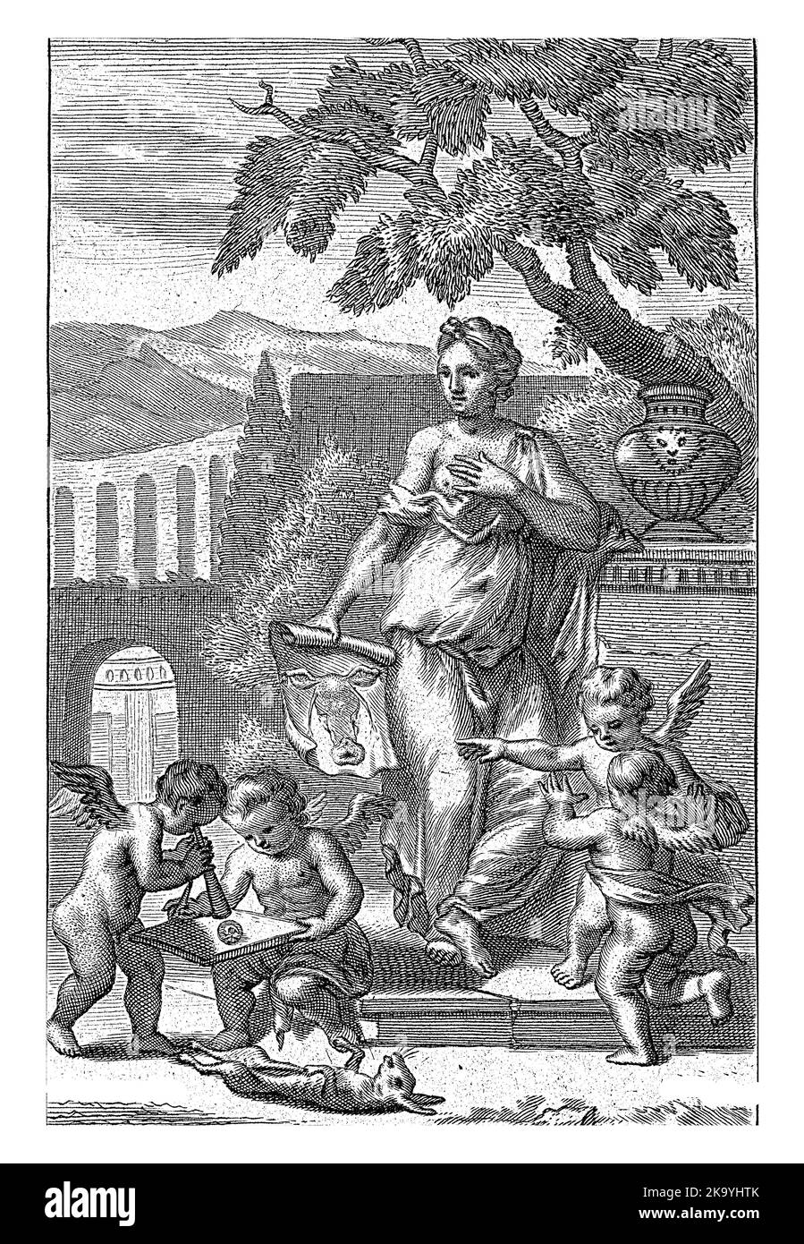 Une femme montre une image anatomique à deux enfants. Sur la gauche, deux enfants, on regarde un œuf avec une loupe. Sur le sol se trouve un Banque D'Images