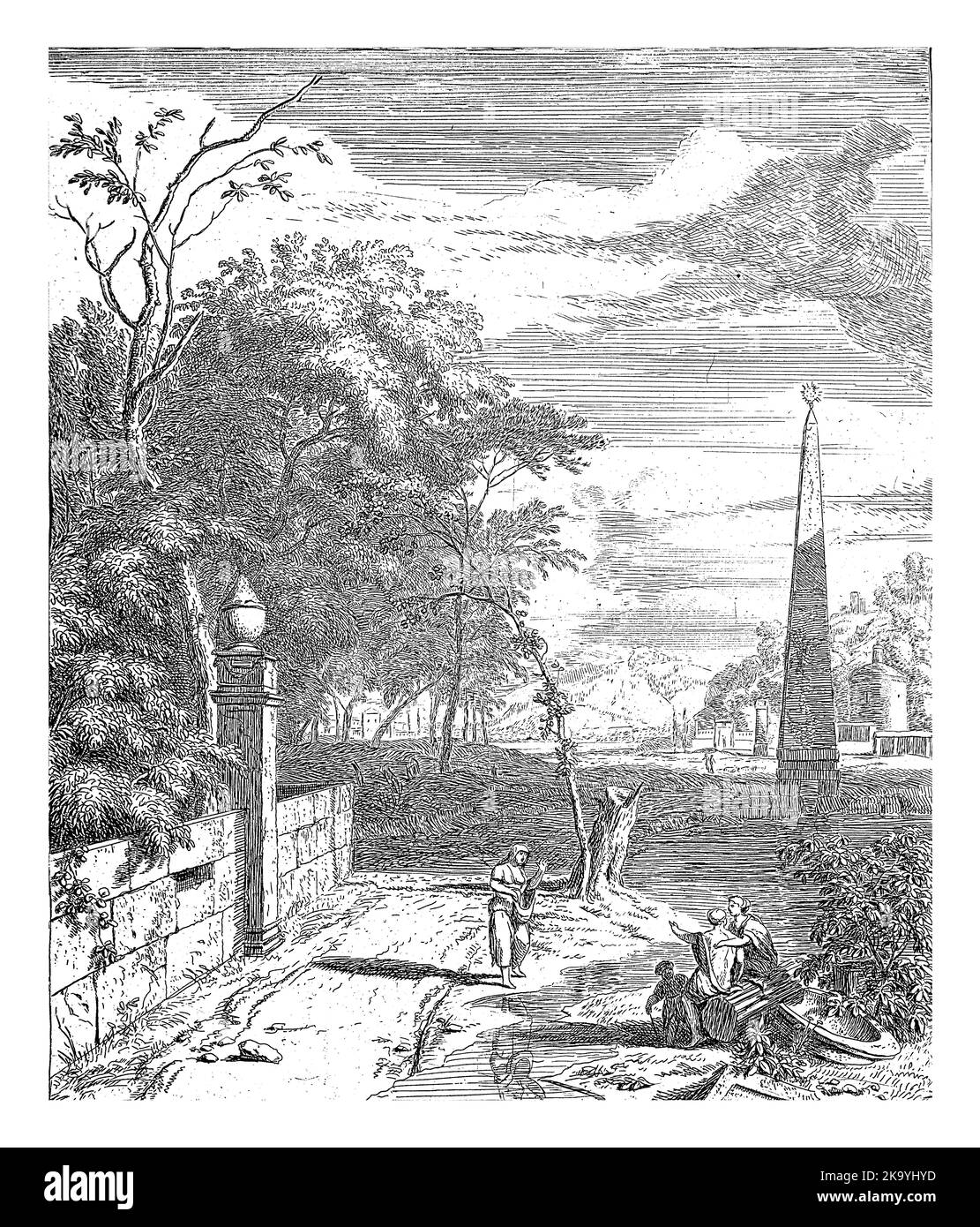 Paysage avec obélisque et mur de jardin. Au premier plan, trois femmes et un enfant le long d'un ruisseau. Banque D'Images