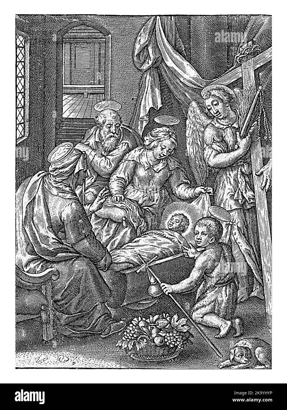 Christ Child dort dans le berceau, Hieronymus Wierix, 1563 - avant 1619 le Christ Child dort paisiblement dans son berceau. À l'extrémité de la tête un ange wi Banque D'Images