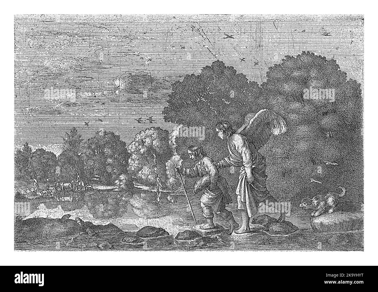 Tobias et l'ange Raphaël traversent une rivière. Un chien les suit. Dans les mains de Tobias un gros poisson. Tobias utilisera plus tard la bile du poisson pour guérir son Banque D'Images