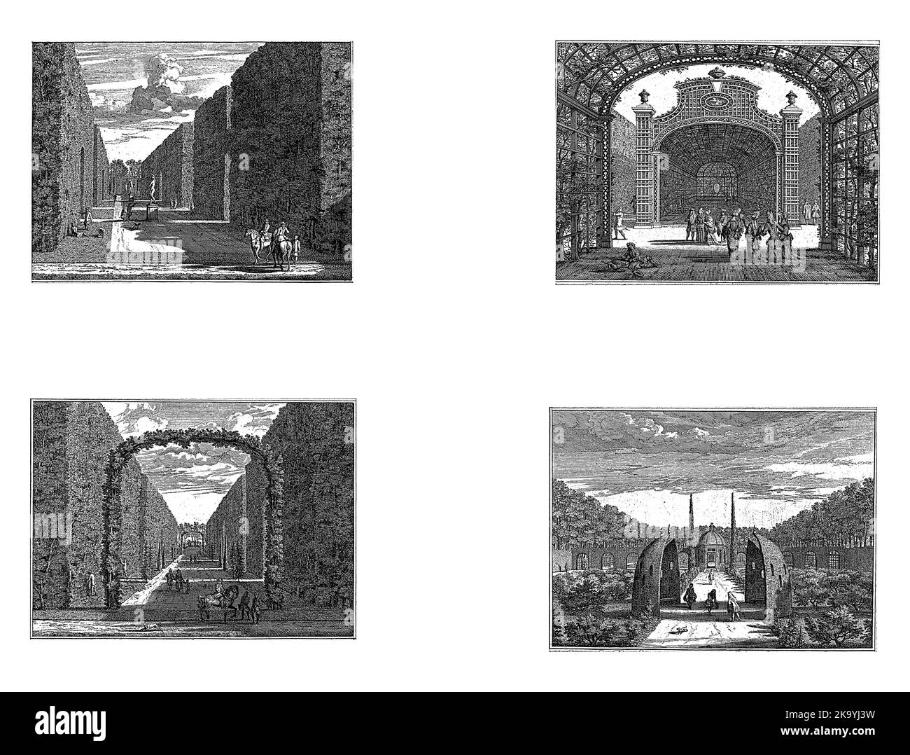 Galerie de sculptures dans le jardin / Avenue avec arches surcultivées / Galeries de jardins surcultivées / Orchard, Isaac de Moucheron, 1706 - 1719 quatre scènes. Banque D'Images