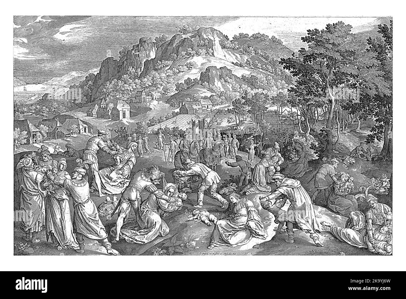 Les soldats de Hérode tuent tous les garçons âgés de deux ans et moins à Bethléem. Les mères essaient de protéger leurs enfants. Banque D'Images