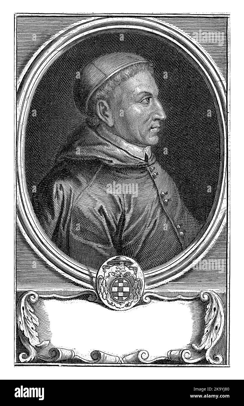 Portrait du cardinal espagnol Francisco Jiménez de Cisneros (1436-1517), représenté dans un cadre ovale avec blason. Banque D'Images