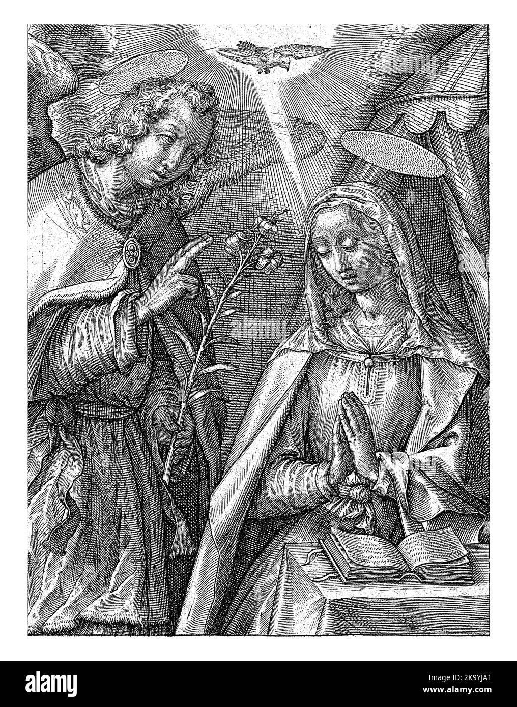 Marie est assise dans la prière à une table. Elle est visitée par l'ange Gabriel. Il lui dit qu'elle portera un fils nommé Christ. Au-dessus d'eux la colombe comme un symb Banque D'Images
