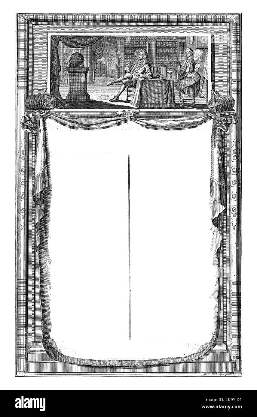 Conversation entre un étudiant et un peintre au sujet de fumer un tuyau. L'étudiant à une table dans une étude pleine de livres, le peintre assis à son chevalet. Banque D'Images