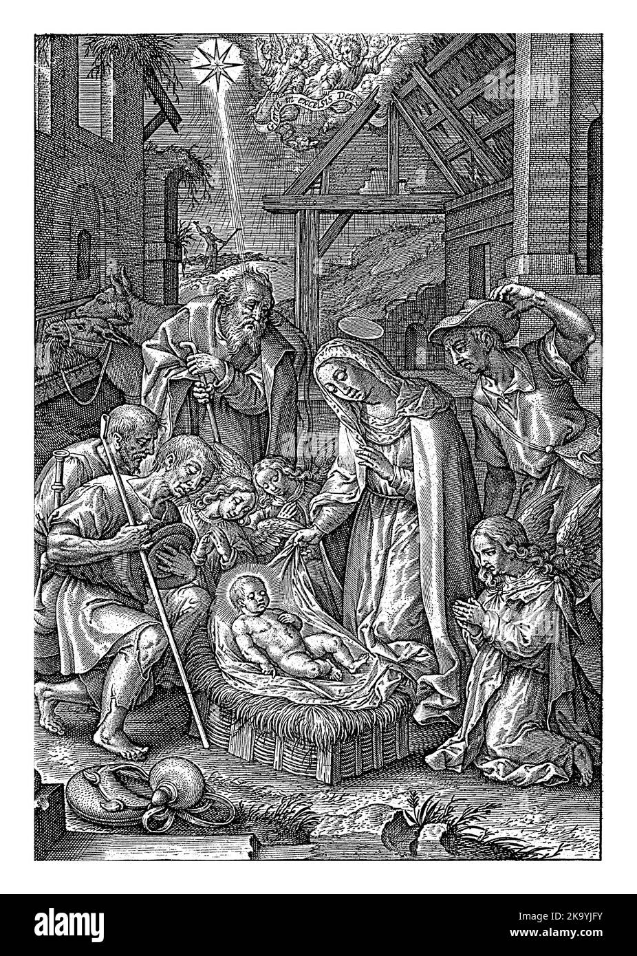 Adoration des bergers et des anges, Hieronymus Wierix, 1563-1619 Marie montre l'enfant Christ, à côté d'elle est Joseph. Les bergers et trois anges Banque D'Images