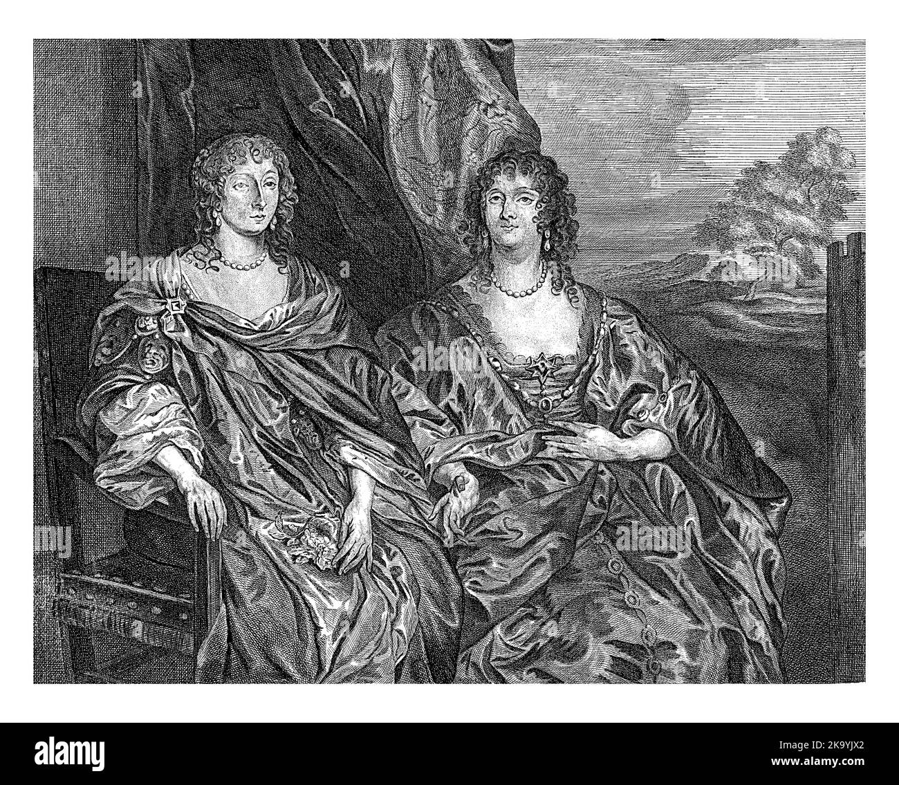 Portrait d'Ann Kirke et d'Anna Dalkeith, comtesse de Morton, en robes précieuses. Les deux sont représentés trois quarts, assis les uns à côté des autres. Sur le Banque D'Images