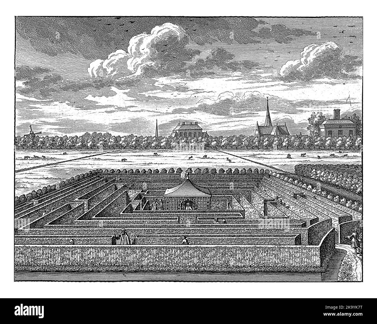 Labyrinthe à Gunterstein, Breukelen, Joseph Mulder, 1680 - 1696 labyrinthe sur le domaine du château de Gunterstein, Breukelen. En arrière-plan Breukelen Banque D'Images