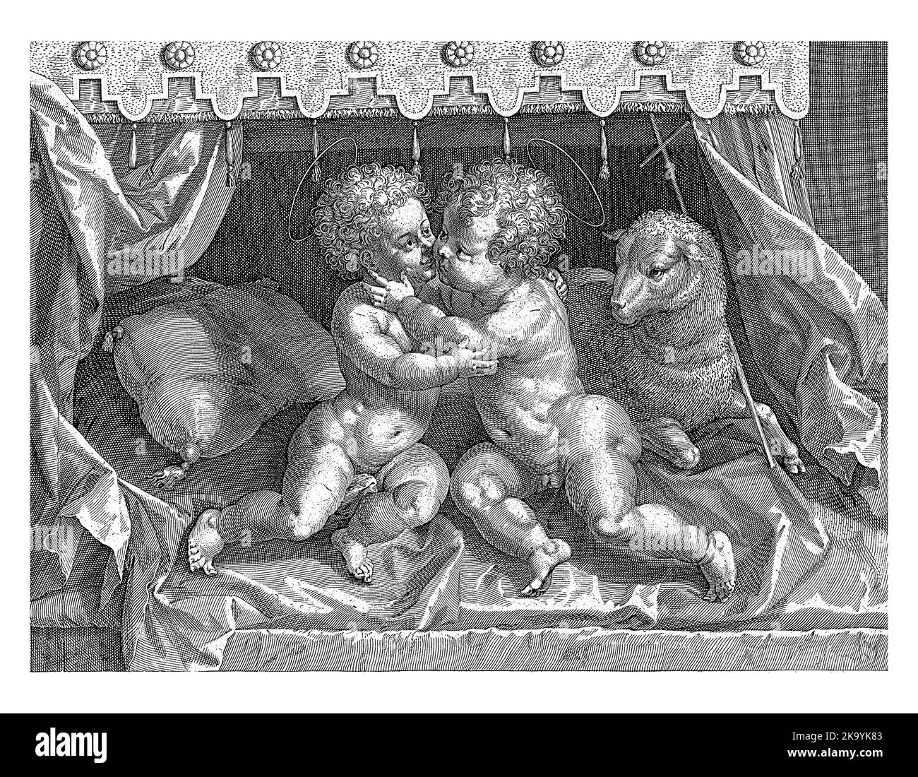 Christ et Jean-Baptiste comme enfants. Ils s'assoient ensemble sur un lit et se embrassent. À côté de Jean-Baptiste l'Agneau de Dieu. Banque D'Images