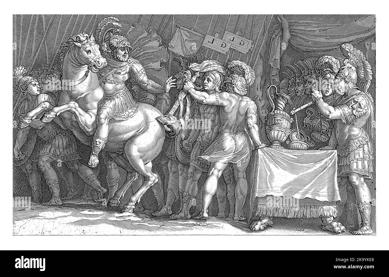Marcus Furius Camillus arrive à Rome pour négocier avec les Gaulois. Il est assis sur un cheval et atteint une épée, qui lui est remise par un soldat. Banque D'Images