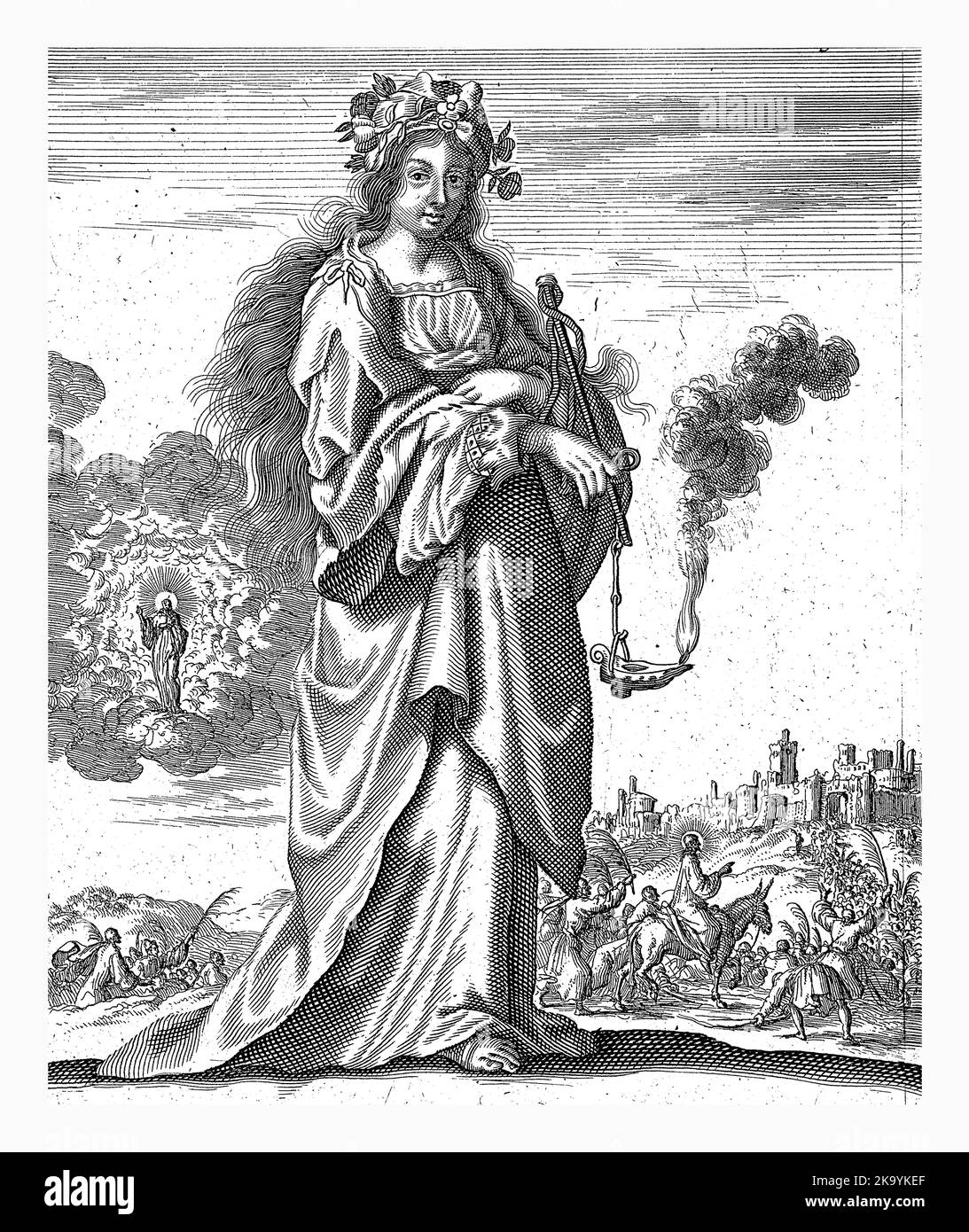 Phrygian Sibyl, Jan Luyken, 1684 Phrygian Sibyl. En arrière-plan, la représentation de l'apparence du Christ et de l'entrée à Jérusalem. Imprimer le haut marqué Banque D'Images