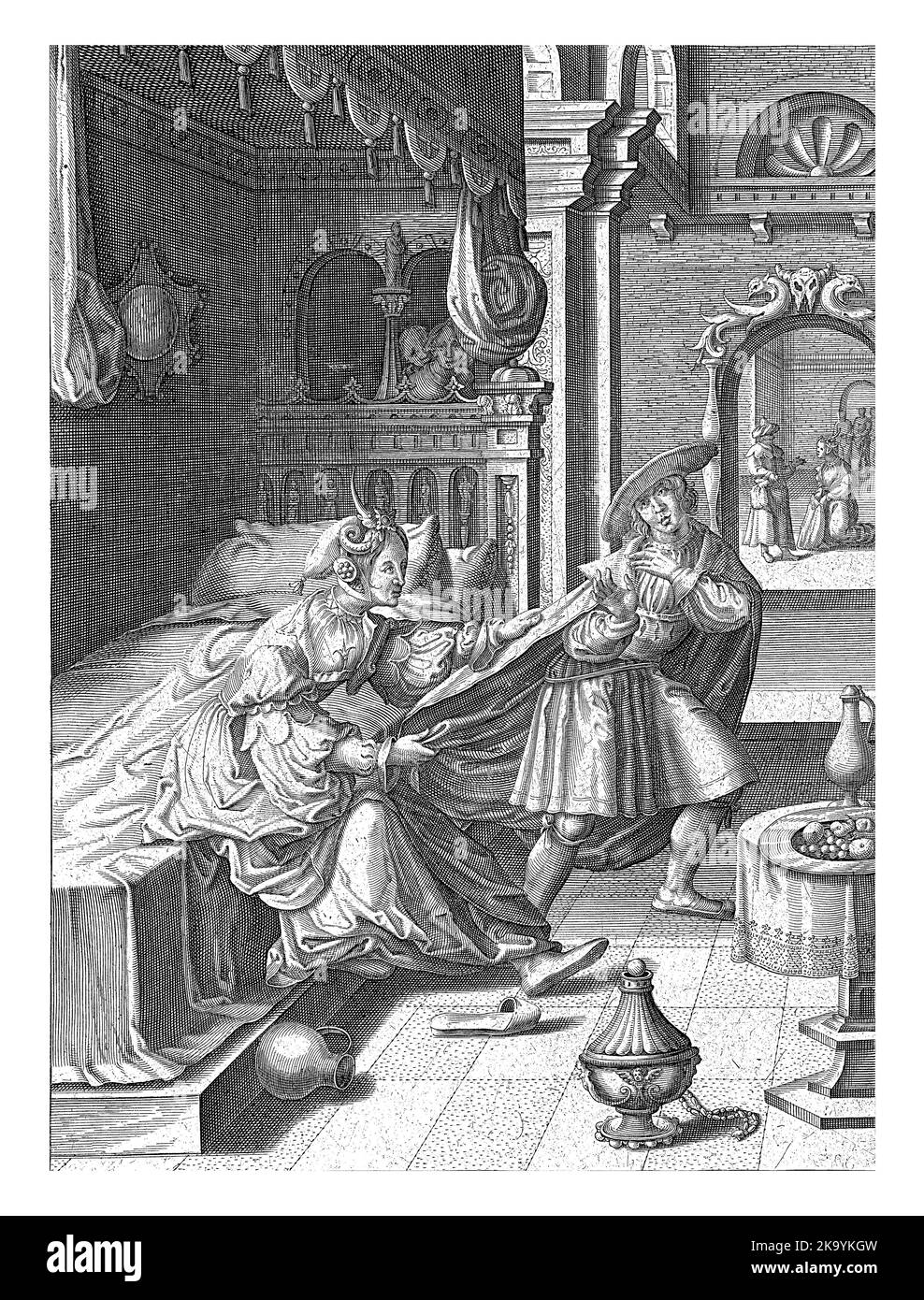 Dans une chambre, la femme de Potiphar s'assoit sur un lit et arrête le Joseph qui fuit. Joseph se retire d'elle mais laisse son manteau derrière lui Banque D'Images