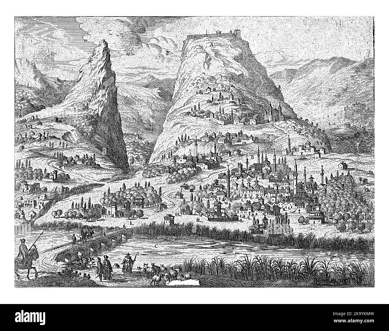 Vue sur la ville de Mithra, conquise par les Vénitiens en 1687. En premier plan la rivière Eurotas et sur la gauche un pont avec six arches Banque D'Images