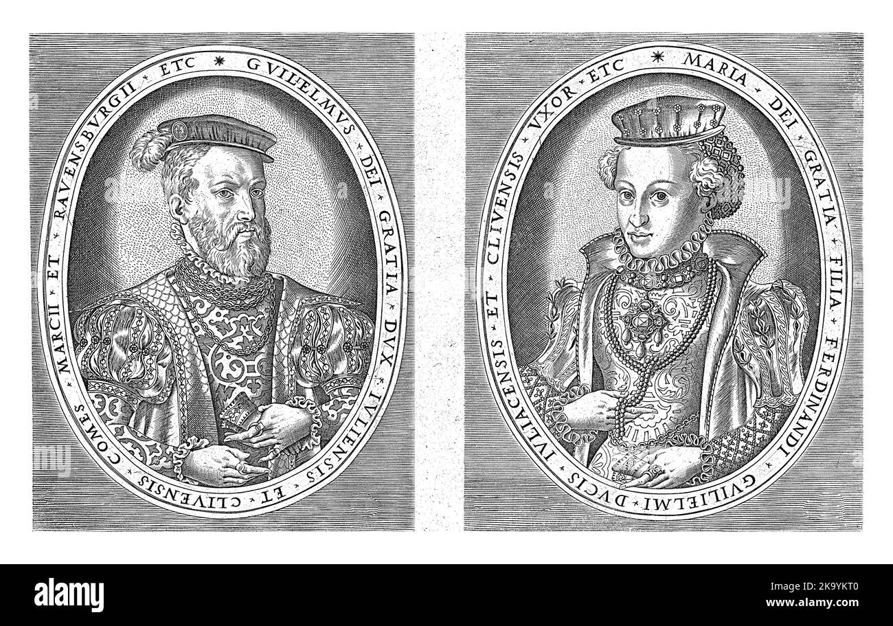 Deux portraits d'une plaque imprimés. À gauche, le portrait en demi-longueur à droite de Guillaume II, duc des Guelders dans un ovale avec son nom et son titre Banque D'Images