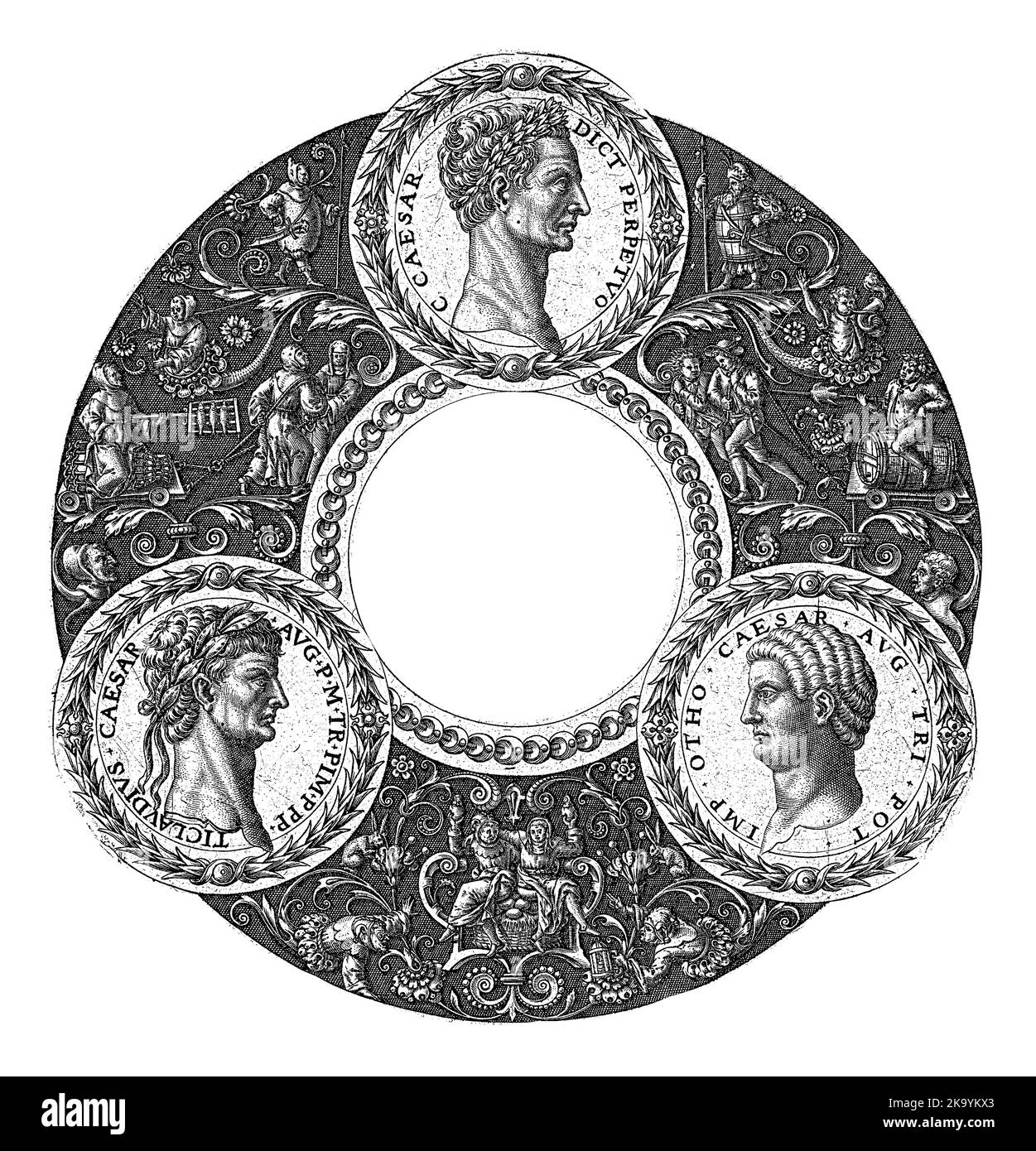 Médaillon avec texte latin dans une large bordure avec des grotesques sur un fond sombre. Dans cette frontière sont trois médaillons avec des images d'empereurs romains. Banque D'Images