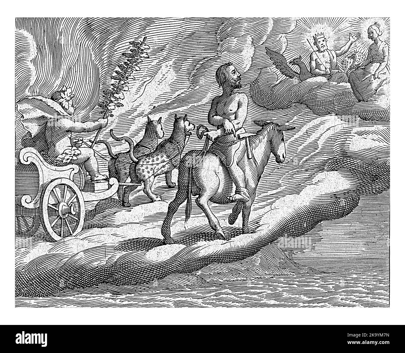 Bacchus accompagne Vulcan dans son char tiré au léopard, qui revient en arrière sur un âne au Mont Olympe où Juno et Jupiter l'accueillent. Banque D'Images