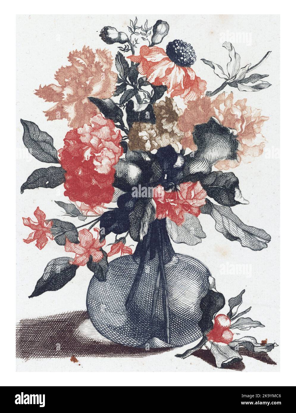 Cinq tirages de fleurs dans des vases en verre, anonymes, d'après Jean Baptiste Monnoyer, 1688 - 1698, gravés d'époque. Banque D'Images