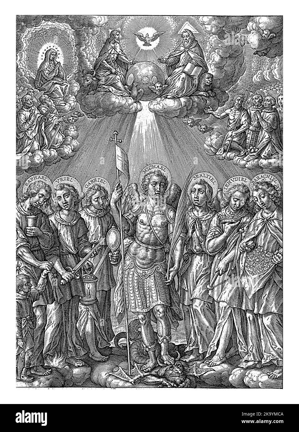 Les sept Archanges, de gauche à droite : Raphaël, Uriel, Gabriel, Michael, Shealtiel, Jehudiel et Barachiel. Au-dessus d'eux dans le ciel la Trinité, avec Banque D'Images Les sept Archanges, de gauche à droite : Raphaël, Uriel, Gabriel, Michael, Shealtiel, Jehudiel et Barachiel. Au-dessus d'eux dans le ciel la Trinité, avec Banque D'Images
