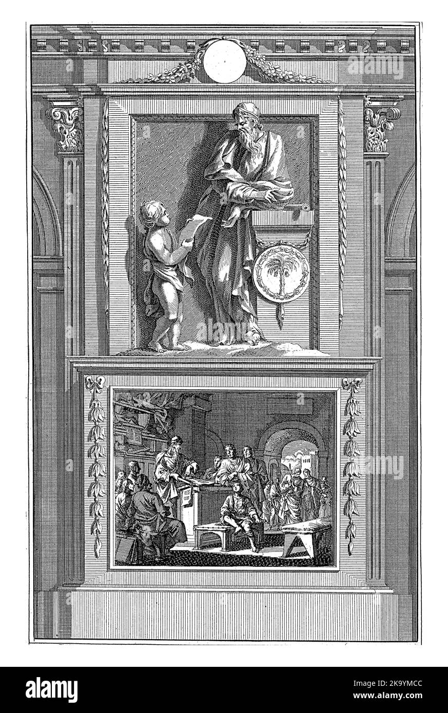 H. Clemens d'Alexandrie, Père de l'Église, Jan Luyken, après Jan Goeree, 1698 l'Église Sainte Père Clemens d'Alexandrie écoutant un ange lisant Banque D'Images