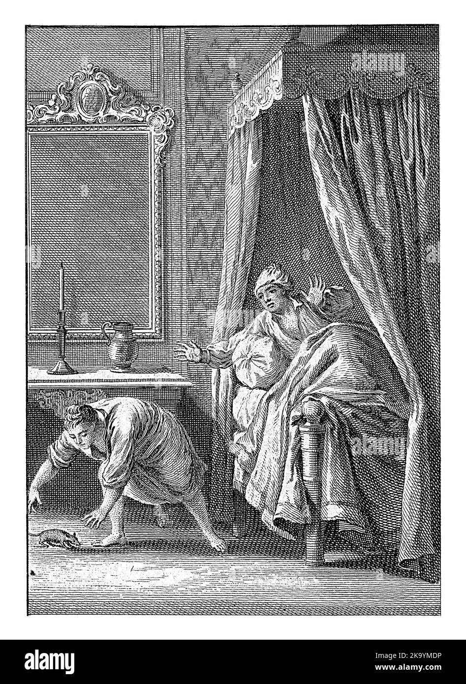 Une femme dans son berceau est surpris par une souris qui se dirige vers son lit. Une autre femme [le chat] tente de saisir l'animal. Banque D'Images
