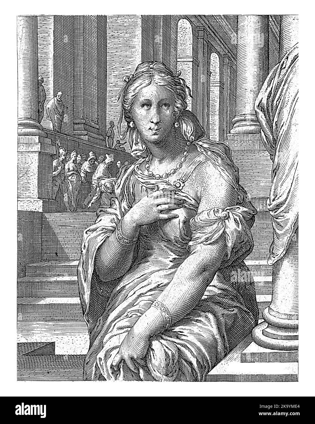 La femme prise dans l'adultère, devant un temple. En arrière-plan, les Pharisiens qui apportent une femme adultère au Christ dans le temple. Banque D'Images