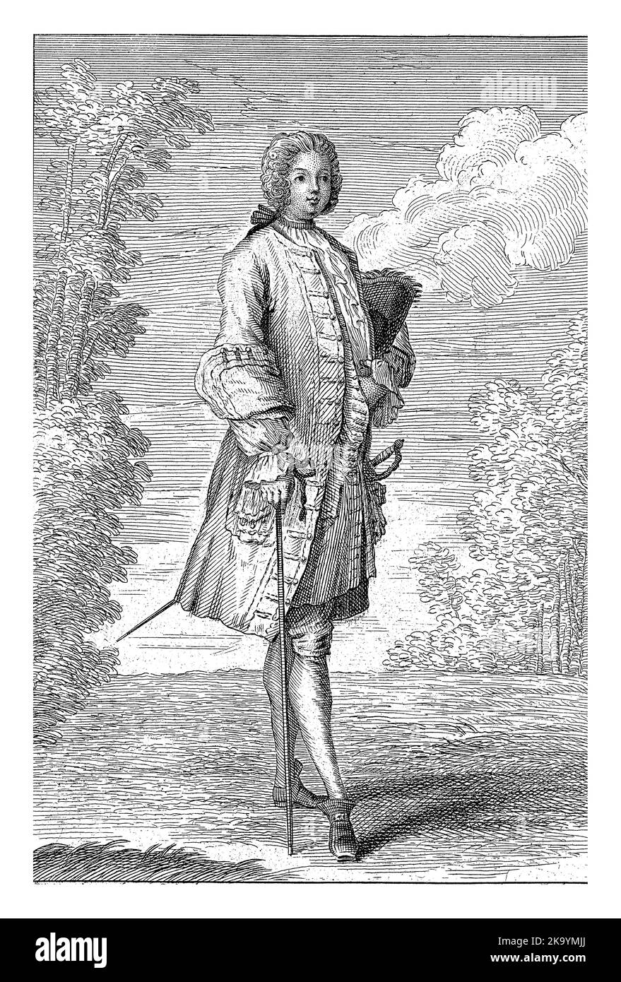Mode et élégance: Les Fashions français du 1720s, França Octavien, 1725 jeune homme avec perruque de queue, debout dans le paysage, tourné à droite. Banque D'Images