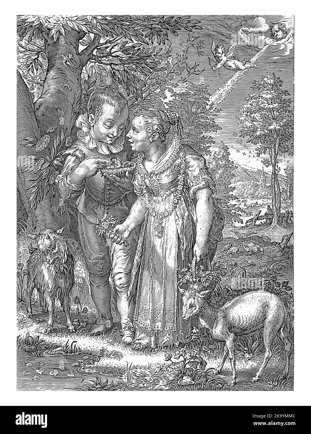 Un garçon et une fille dans un paysage. Le garçon montre la fille, avec un panier de fleurs en main, un nid d'oiseau. En haut à droite, Cupid leur vise sa flèche. Banque D'Images