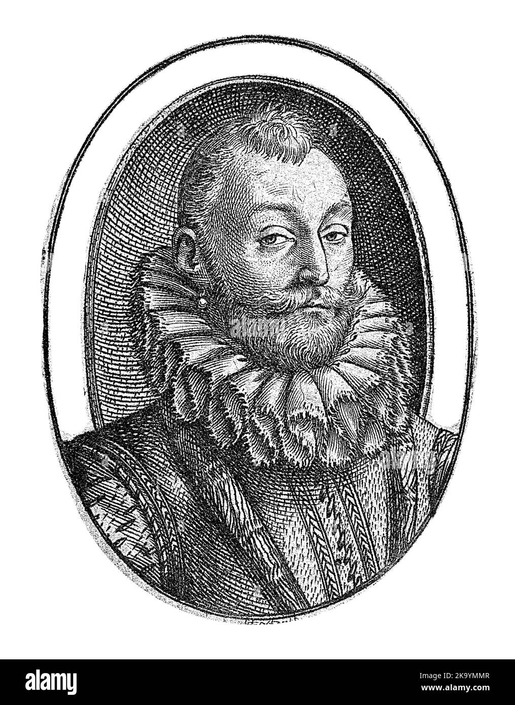 Portrait en demi-longueur d'un homme à l'âge de 27 ans, probablement Jan van Heussen. Lettrage de bord autour de l'ovale. Appartient à un blason de famille. Banque D'Images