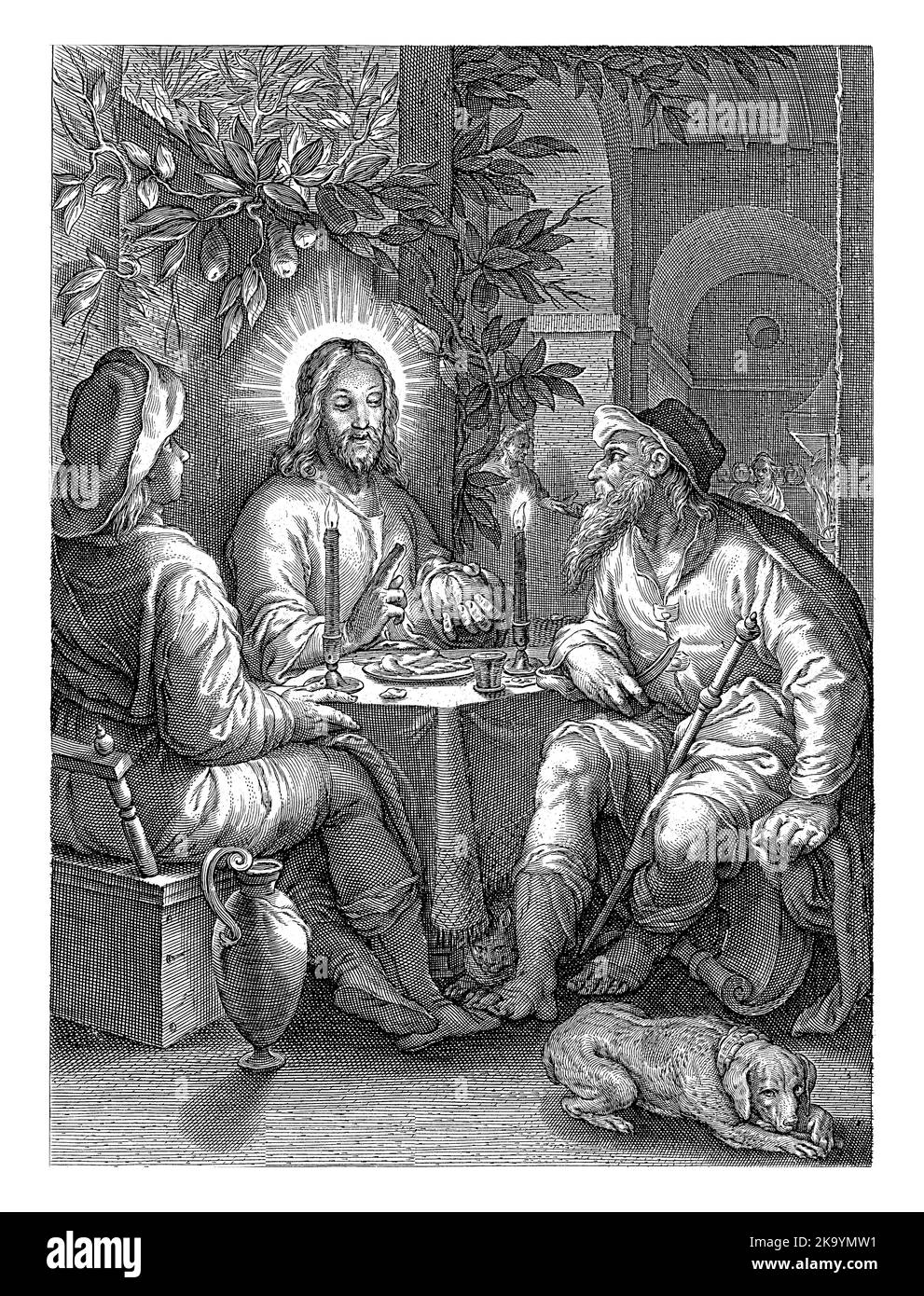 Christ à la table avec l'Emmaüs tout en bénit le pain. Banque D'Images