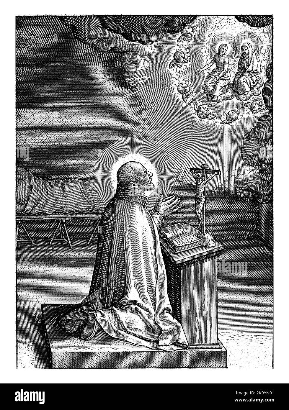 Ignace de Loyola a une vision du Christ et de Marie, Hieronymus Wierix, 1611 - 1615 Ignace de Loyola est agenouillé dans la prière à un autel dans une pièce. Banque D'Images