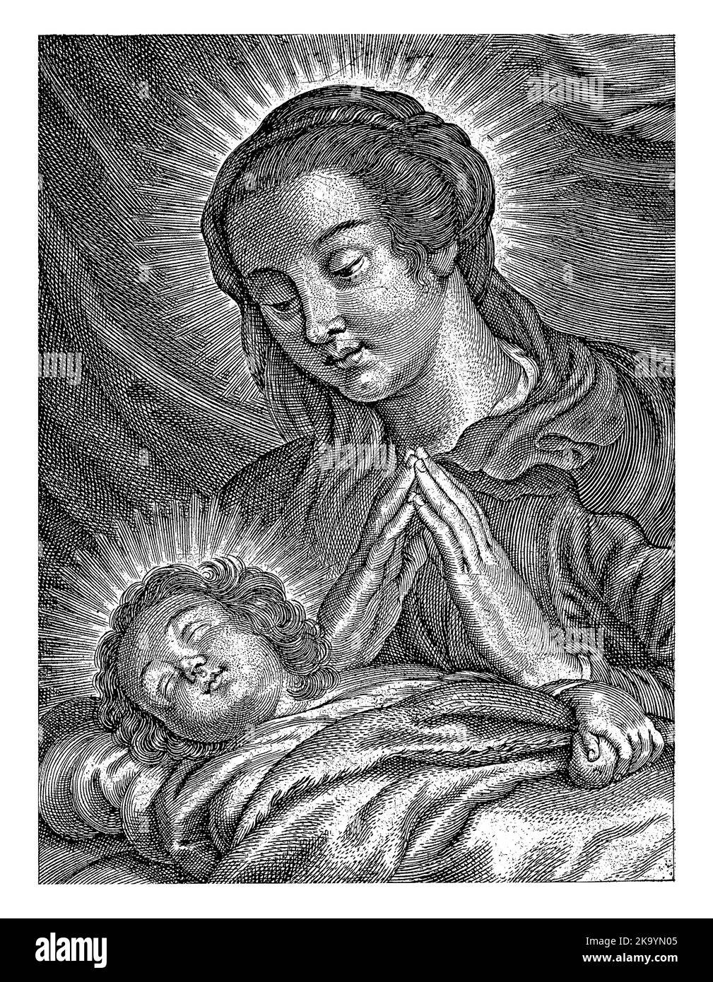 Marie adore l'enfant du Christ endormi. Au-dessous de la performance se trouve une ligne d'une prière: S Banque D'Images