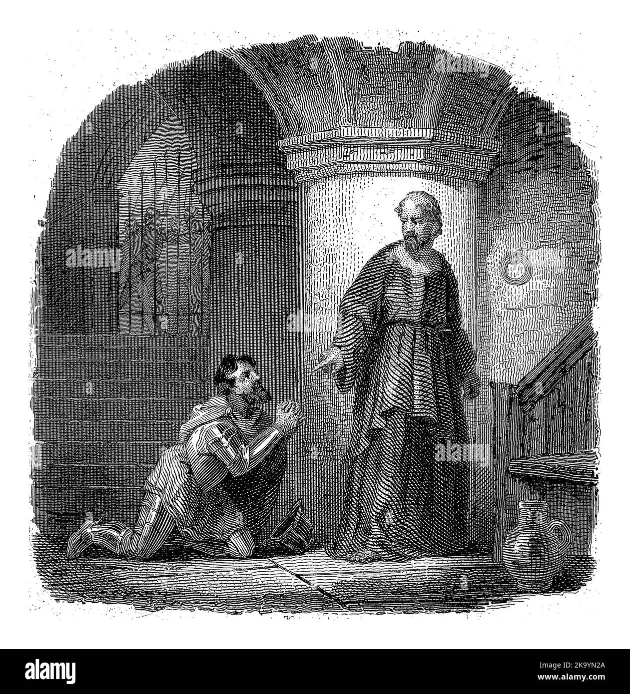 Dans un intérieur, un soldat s'agenouille devant le pape Gregory VII En arrière-plan un certain nombre de soldats devant une clôture. Banque D'Images