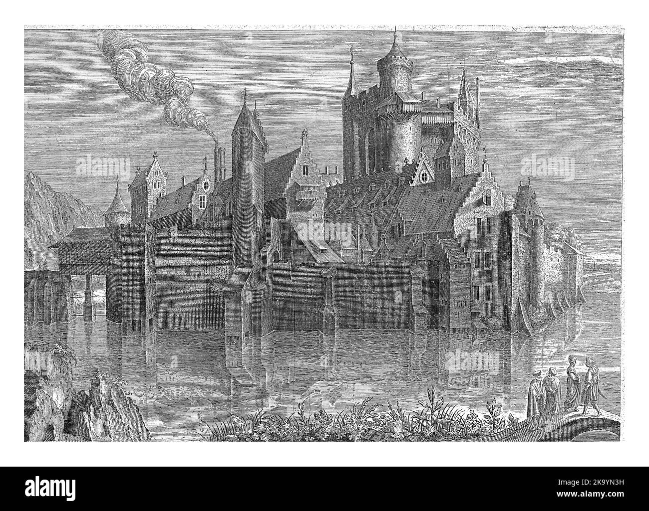 Château sur une rivière, Hendrick Hondius (I), 1614 Un château entouré d'eau. De la fumée sort d'une cheminée sur la gauche. Avant droit quatre chiffres sur une br Banque D'Images