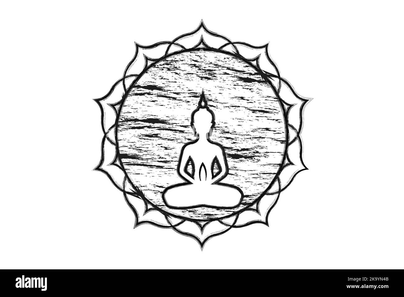 Silhouette de Bouddha en position lotus, modèle de logo rond de lotus Sacré. Motifs ésotériques du bouddhisme. Grunge Tattoo style brosse, yoga spirituel. Mandala VE Illustration de Vecteur