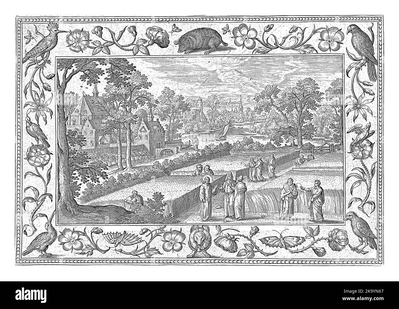 Paysage avec champ de maïs. Au centre, Christ dit aux Pharisiens que ses apôtres ne professent pas le Sabbat quand ils se régalent sur les oreilles de fro de maïs Banque D'Images