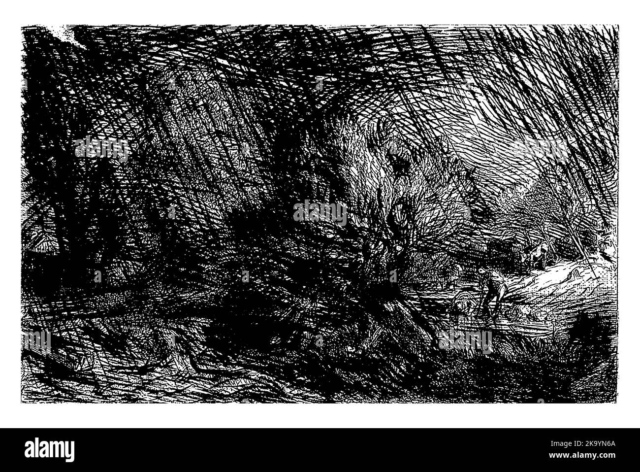 Paysage avec Willows et figure, Charles Emile Jacque (attribué à), 1844, gravé d'époque. Banque D'Images