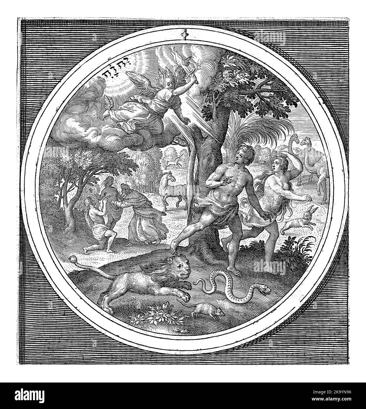 Expulsion du Paradis, Nicolaes de Bruyn, après Maerten de vos, 1581 - 1656 Adam et Eve sont chassés du paradis par un ange avec une épée flamboyante. Banque D'Images