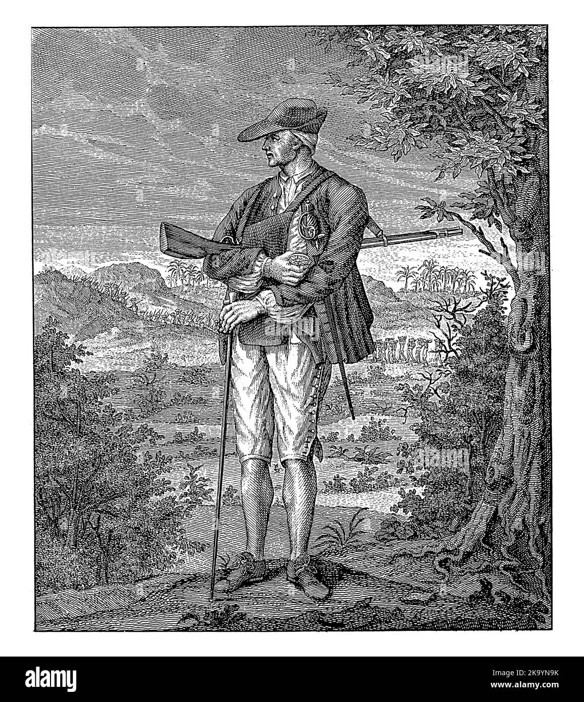 Portrait intégral du colonel Louis Henry Fourgeoud, debout dans un paysage vallonné avec des palmiers. Banque D'Images