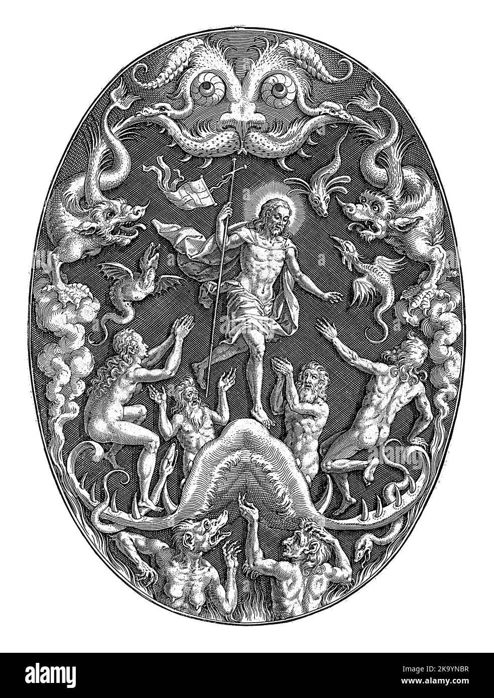 La descente du Christ dans Limbo après sa mort. En dessous de lui, la bouche de l'enfer et les diables. Il atteint les saints de l'ancien Testament. Dans ovale debout avec orname Banque D'Images La descente du Christ dans Limbo après sa mort. En dessous de lui, la bouche de l'enfer et les diables. Il atteint les saints de l'ancien Testament. Dans ovale debout avec orname Banque D'Images