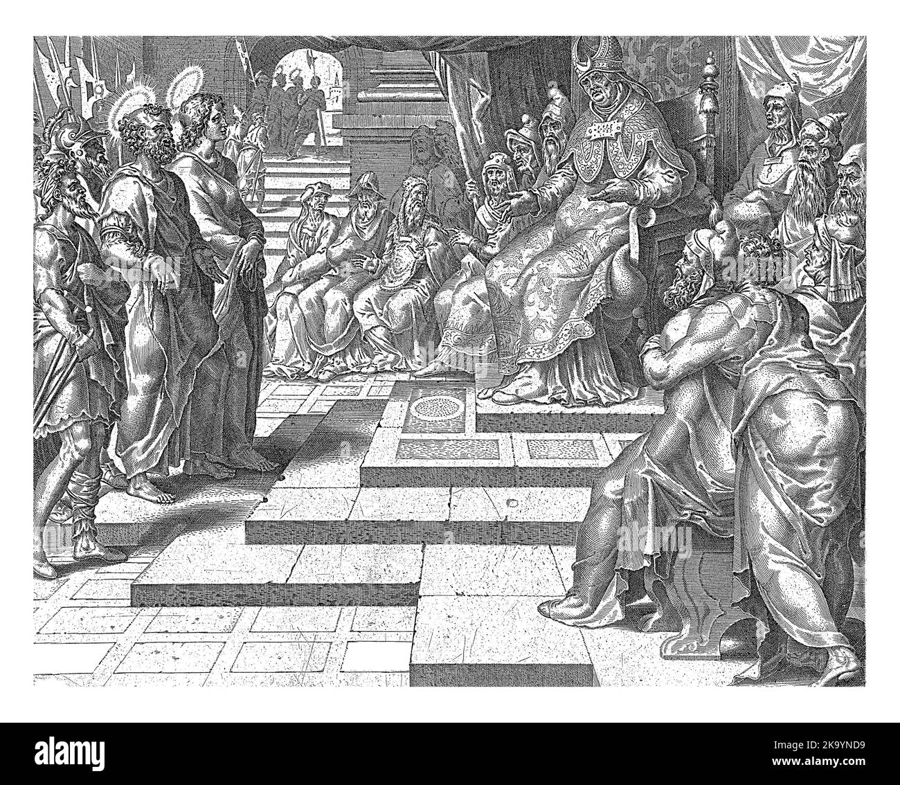 Pierre et Jean sont amenés devant le tribunal, composé du souverain sacrificateur, des scribes et des anciens. Banque D'Images